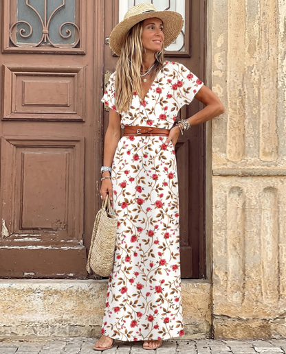 Abito Maxi con Stampa Floreale Romantica e Orlo a Petalo di Loto