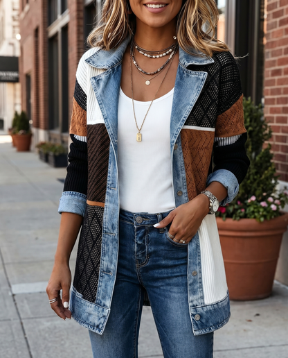 Giacca in Maglia a Coste con Rifiniture in Denim