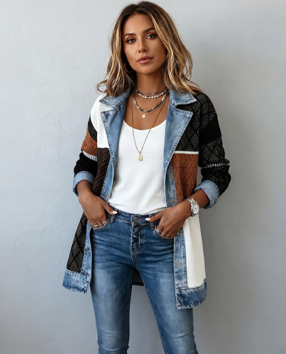 Giacca in Maglia a Coste con Rifiniture in Denim