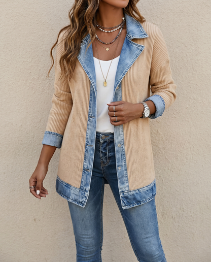 Giacca in Maglia a Coste con Rifiniture in Denim