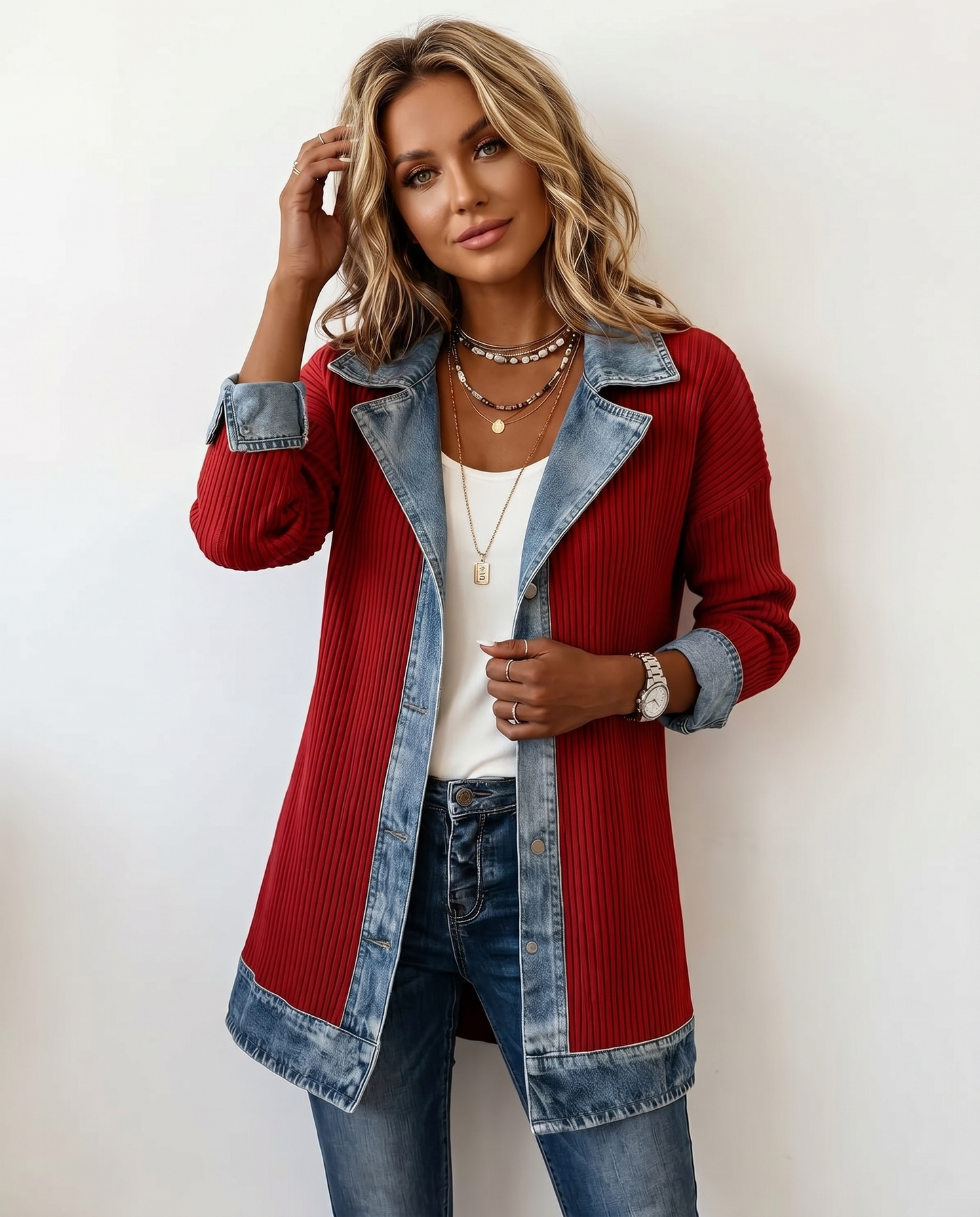 Giacca in Maglia a Coste con Rifiniture in Denim