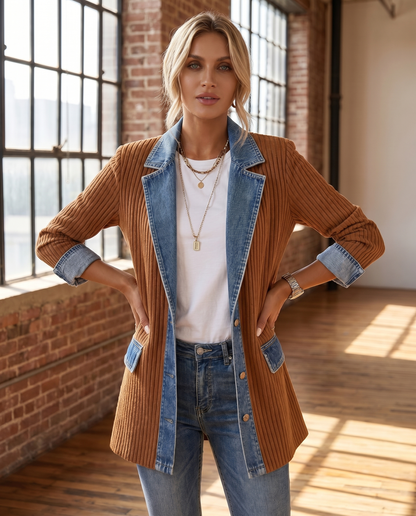 Giacca in Maglia a Coste con Rifiniture in Denim