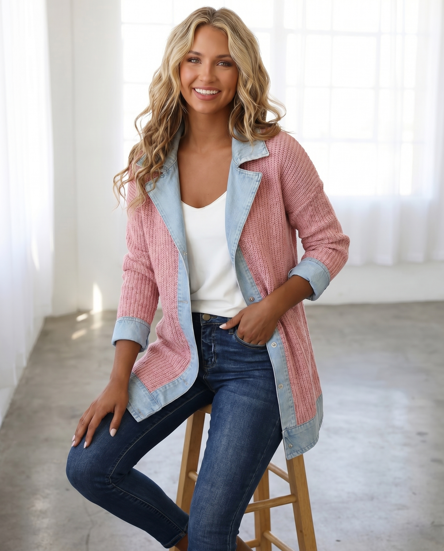 Giacca in Maglia a Coste con Rifiniture in Denim