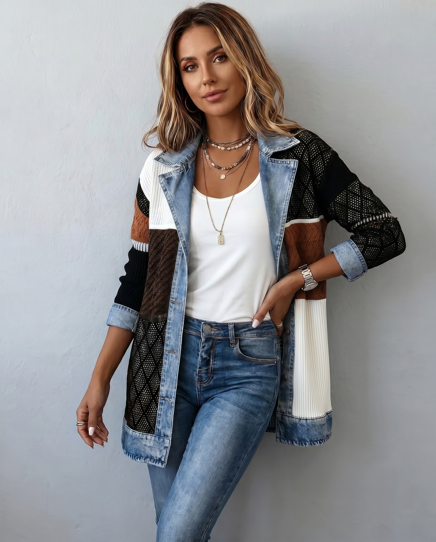 Giacca in Maglia a Coste con Rifiniture in Denim