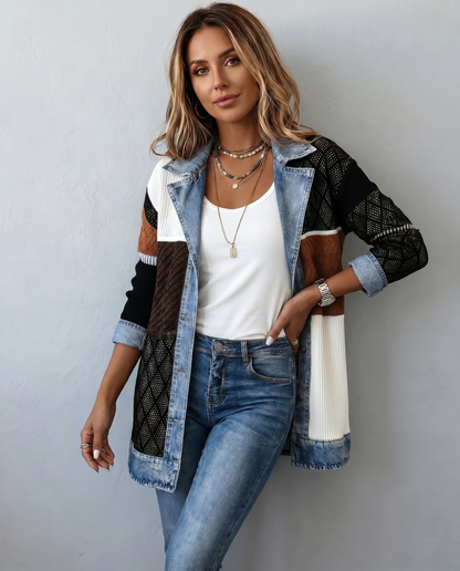 Giacca in Maglia a Coste con Rifiniture in Denim