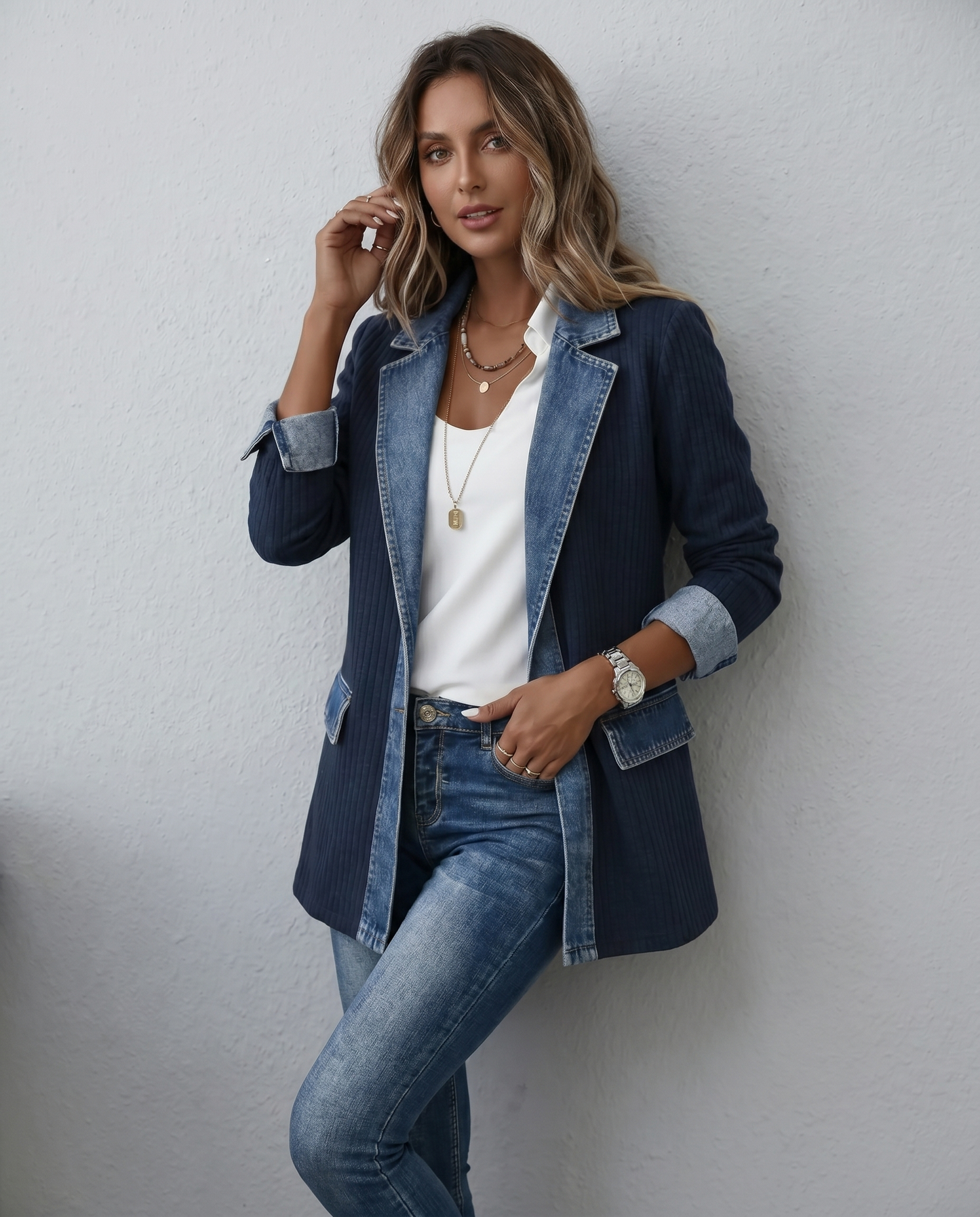 Giacca in Maglia a Coste con Rifiniture in Denim