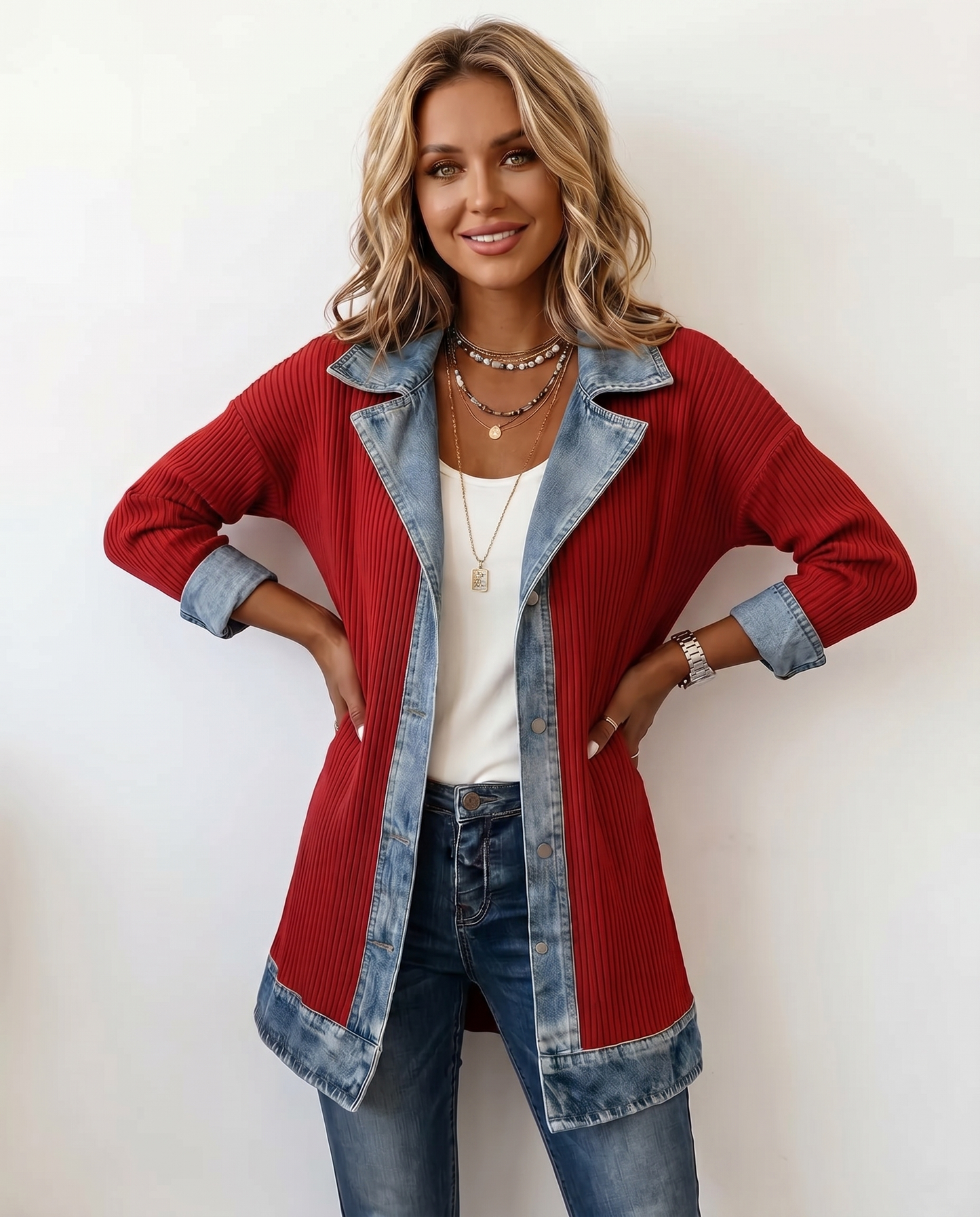 Giacca in Maglia a Coste con Rifiniture in Denim