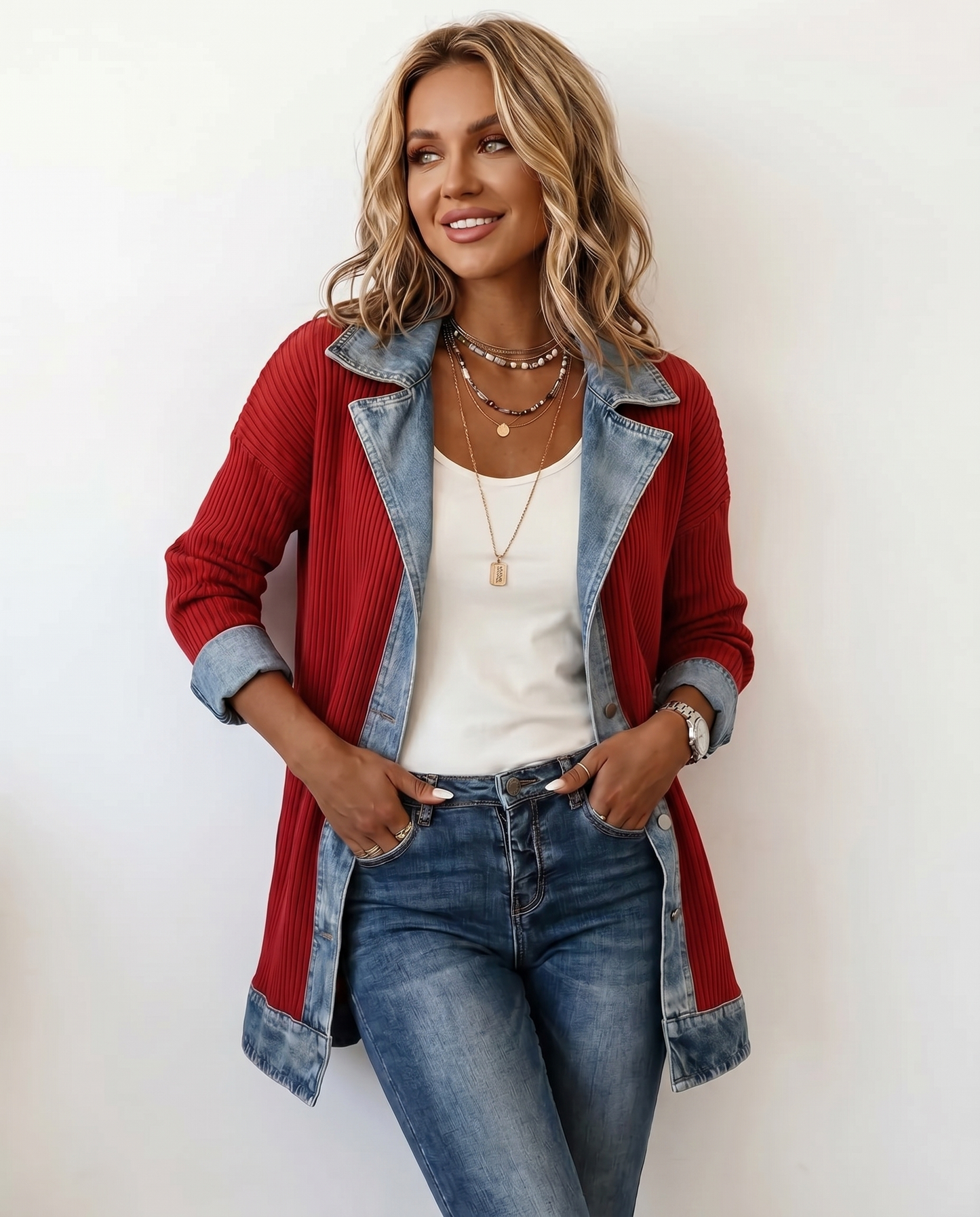 Giacca in Maglia a Coste con Rifiniture in Denim