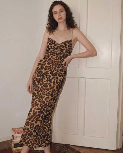 Abito Maxi con Scollo Drappeggiato e Stampa Leopardata