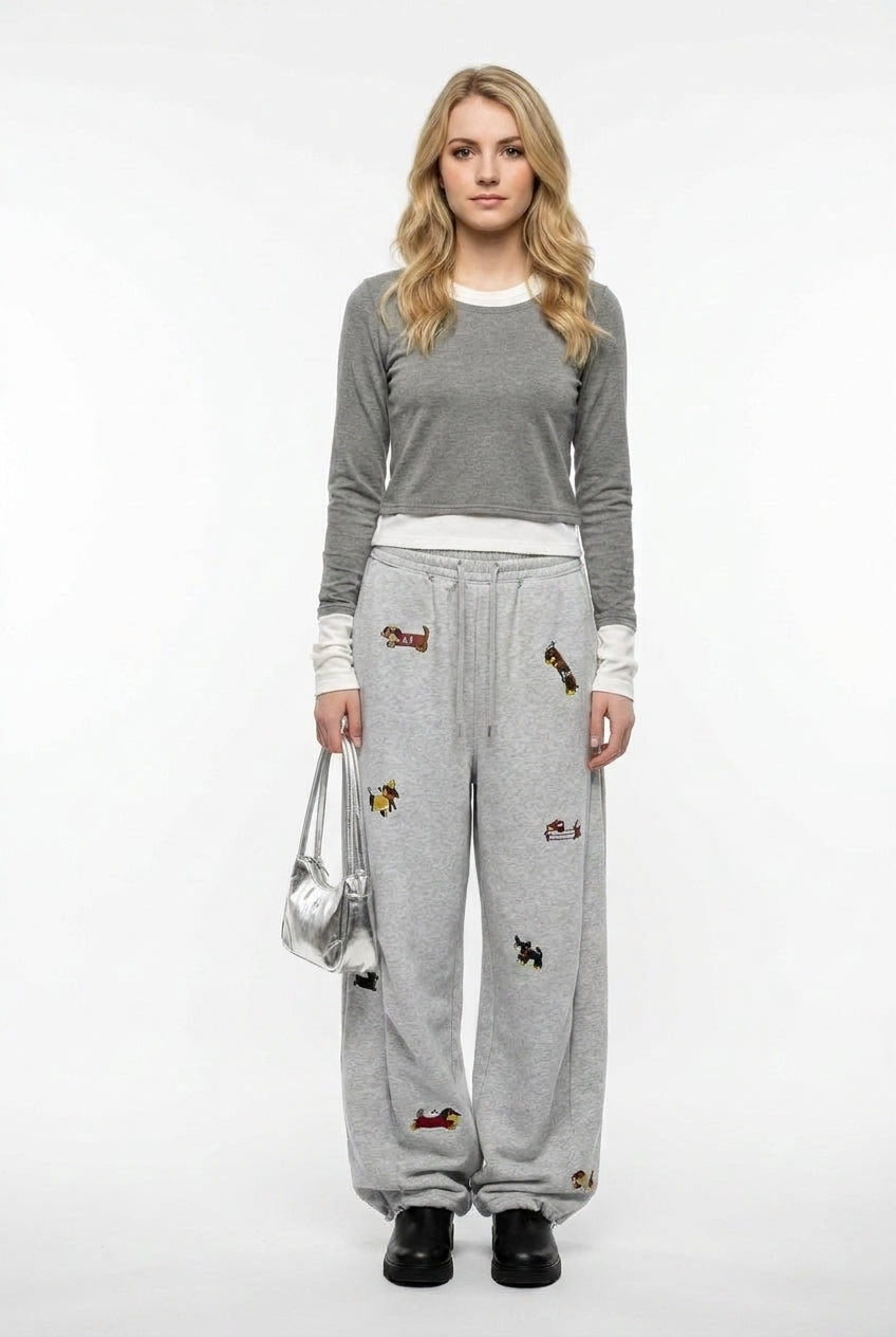 Paolo Street Cute Embroidered Pup Sweatpants